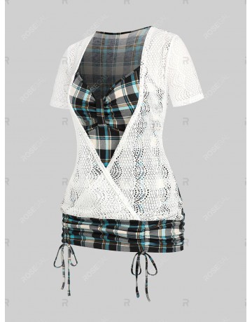 Plaid Lace Panel Cinched Plus Size & Curve 2 in 1 Tee