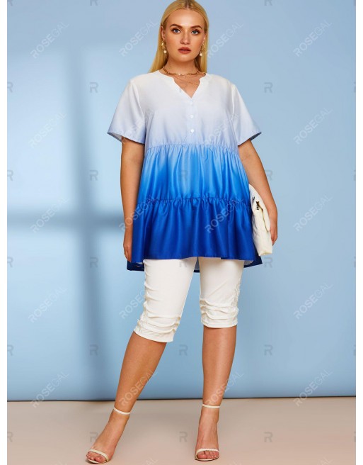 Button Front Tiered Ombre Plus Size Top
