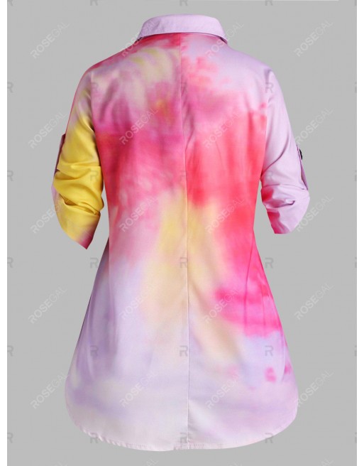 Button Front Tab Sleeve Tie Dye Plus Size Top