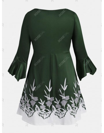 Flare Sleeve Lace Trim Leaves Floral Plus Size Blouse