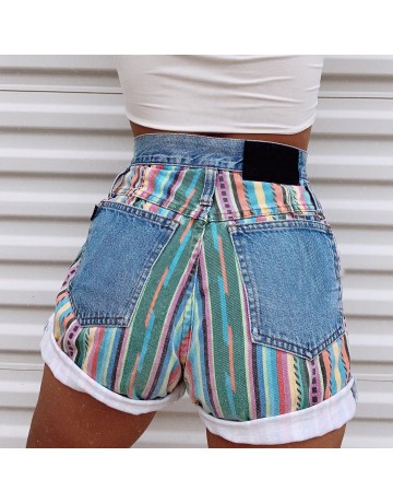 Fashion Color Striped Stitching Denim Shorts