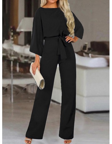 Solid Color Round Neck Long Sleeve Belted Jumpsuit